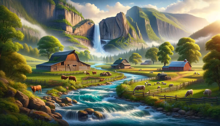 river waterfall farmhouse image
