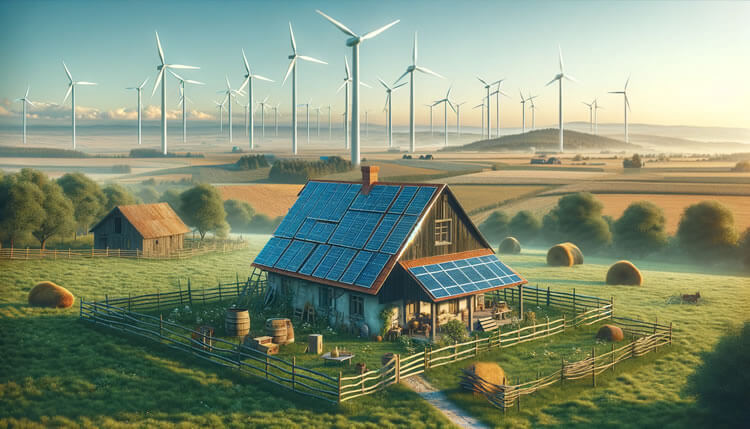 solar panels wind farm farmhouse